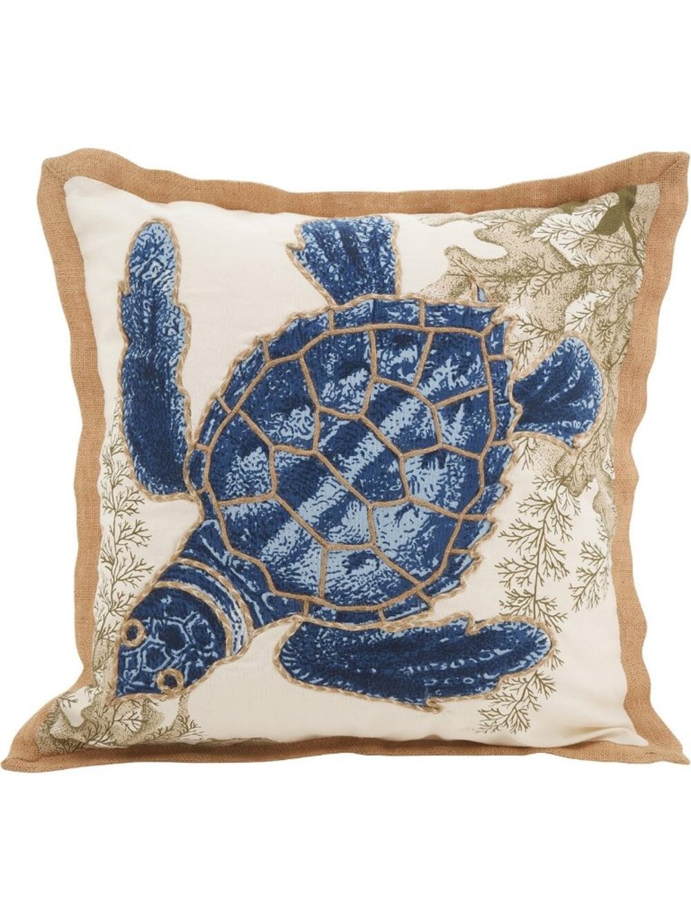 Coastal Sea Turtle Throw Pillow - 20" Woven Cotton, Jute Trim, Zipper Closure